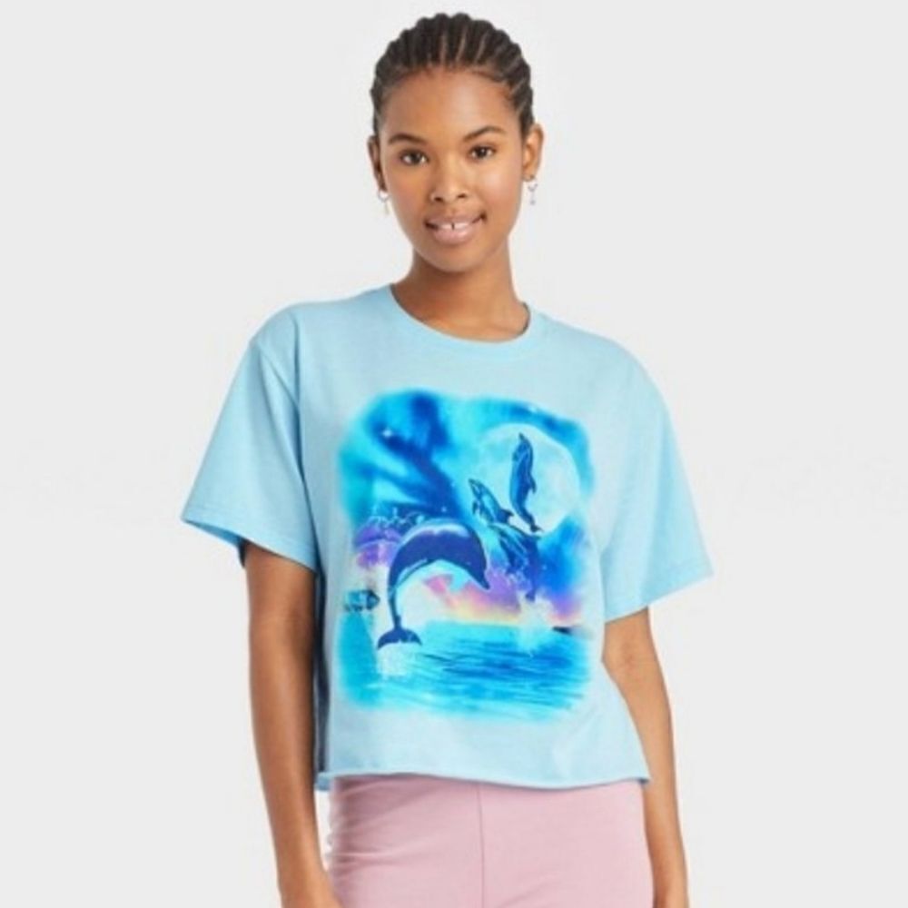 Mighty Fine Light Blue Dolphin Graphic Crop Top
